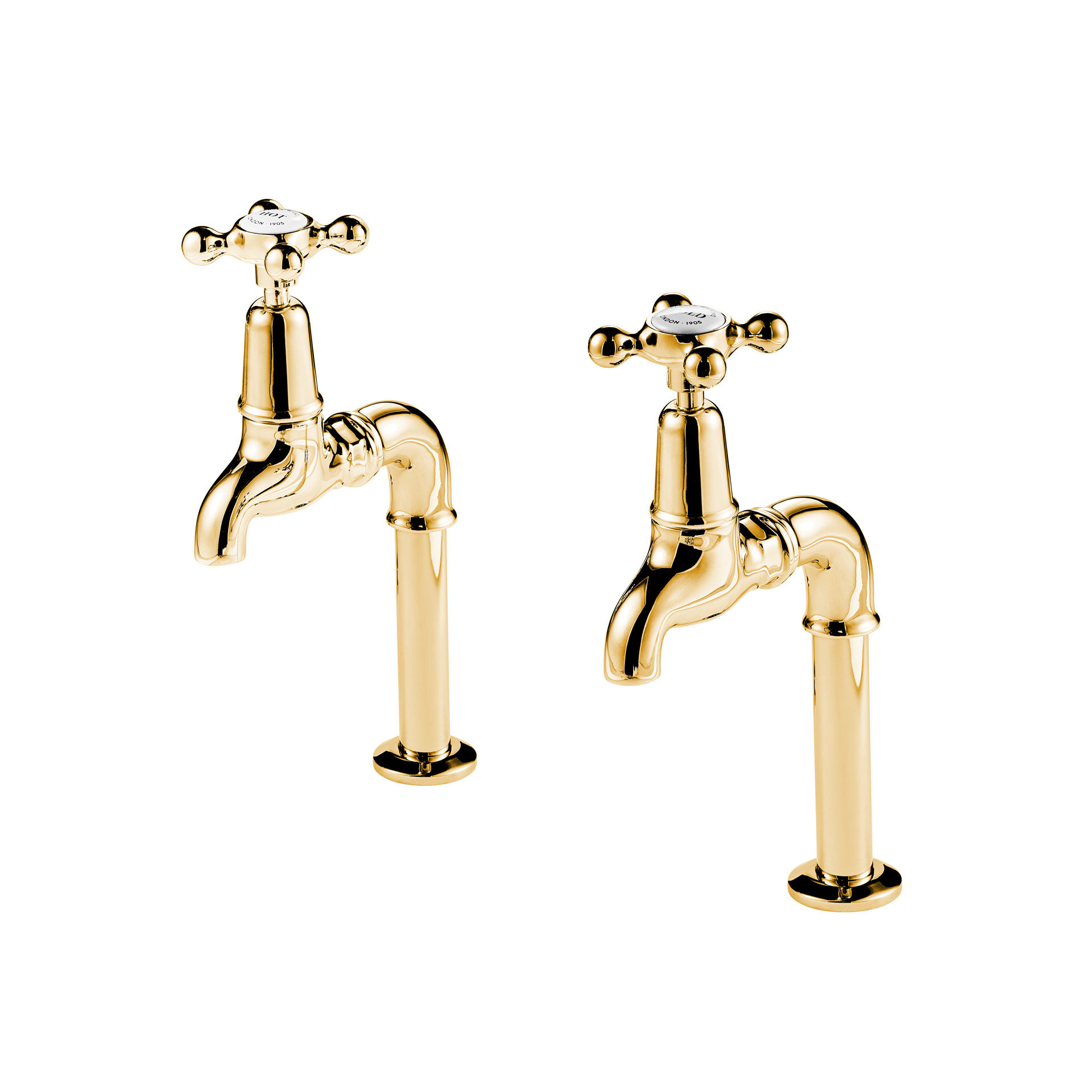 Barber Wilsons 6" Deck and Wall Mounted Brass Bib Taps with Crosshead - Regent 260, 1900's Style