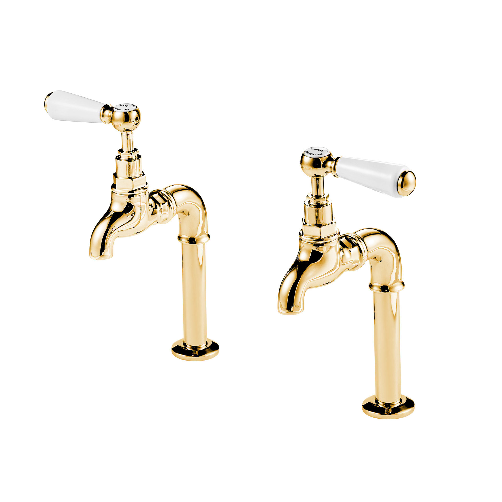 Barber Wilsons 6 Inch Deck Mounted Polished Brass Bib Taps with China Lever - Regent 260, 1890's Style
