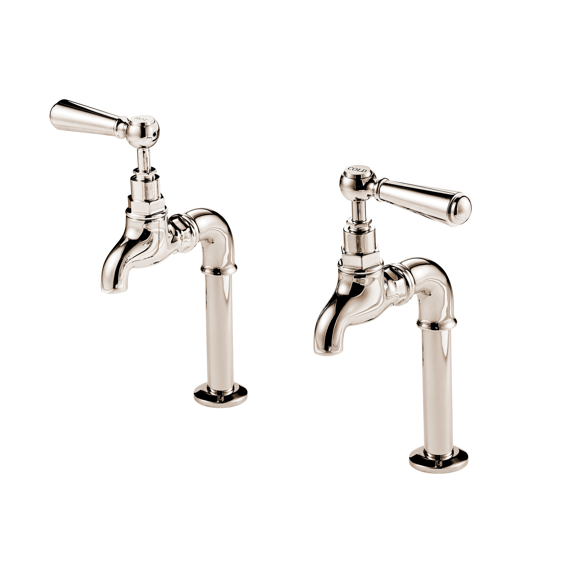 Barber Wilsons 6 Inch Deck Mounted Bib Taps with Metal Lever in Polished Nickel, 1900's Style