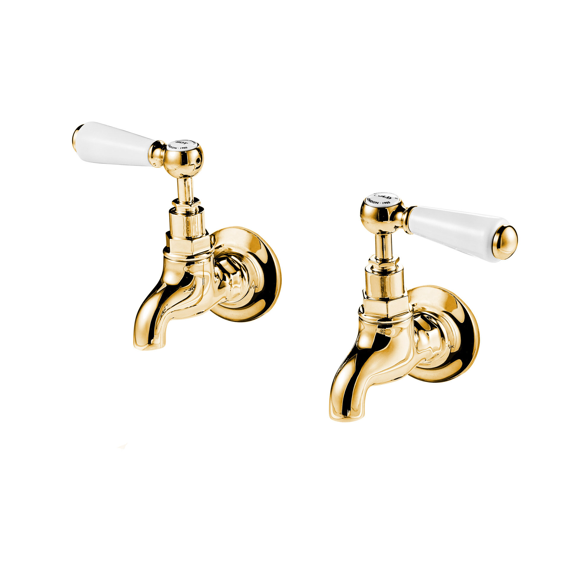 1900’s style wall mounted bib taps with ceramic lever handle in polished brass