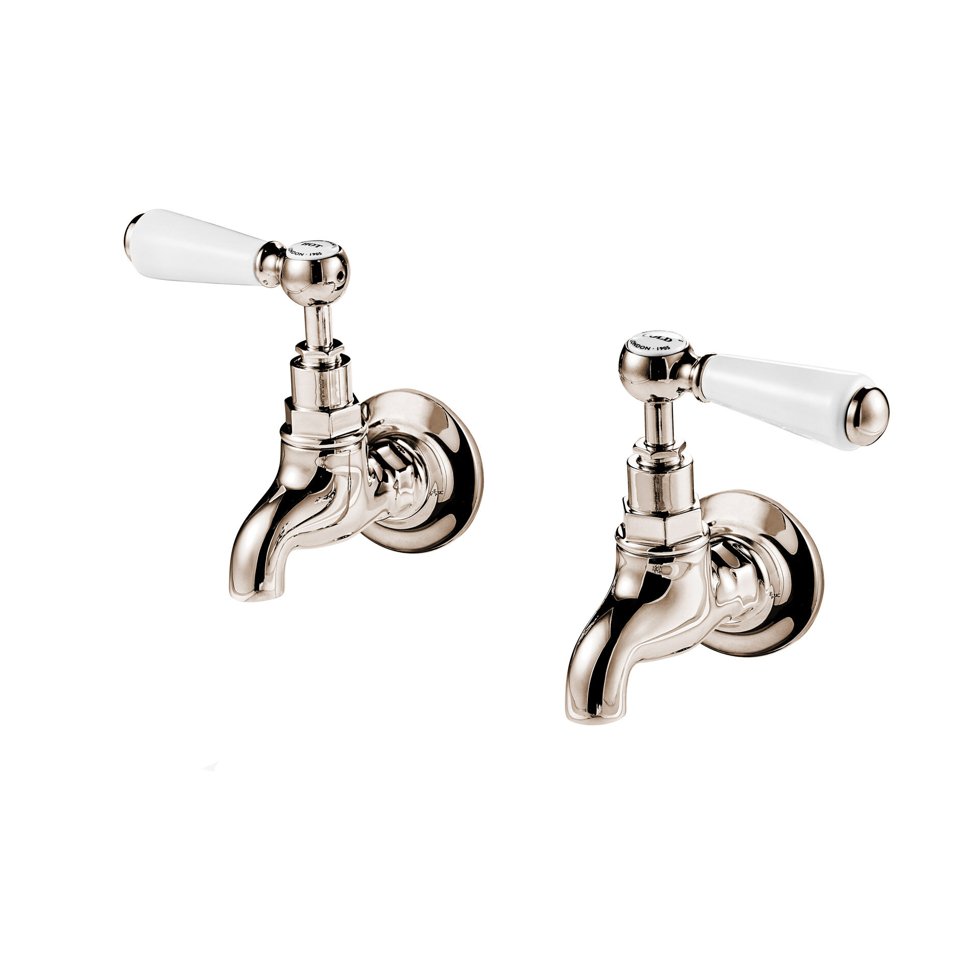 1890’s style wall mounted bib taps with ceramic lever handle British made