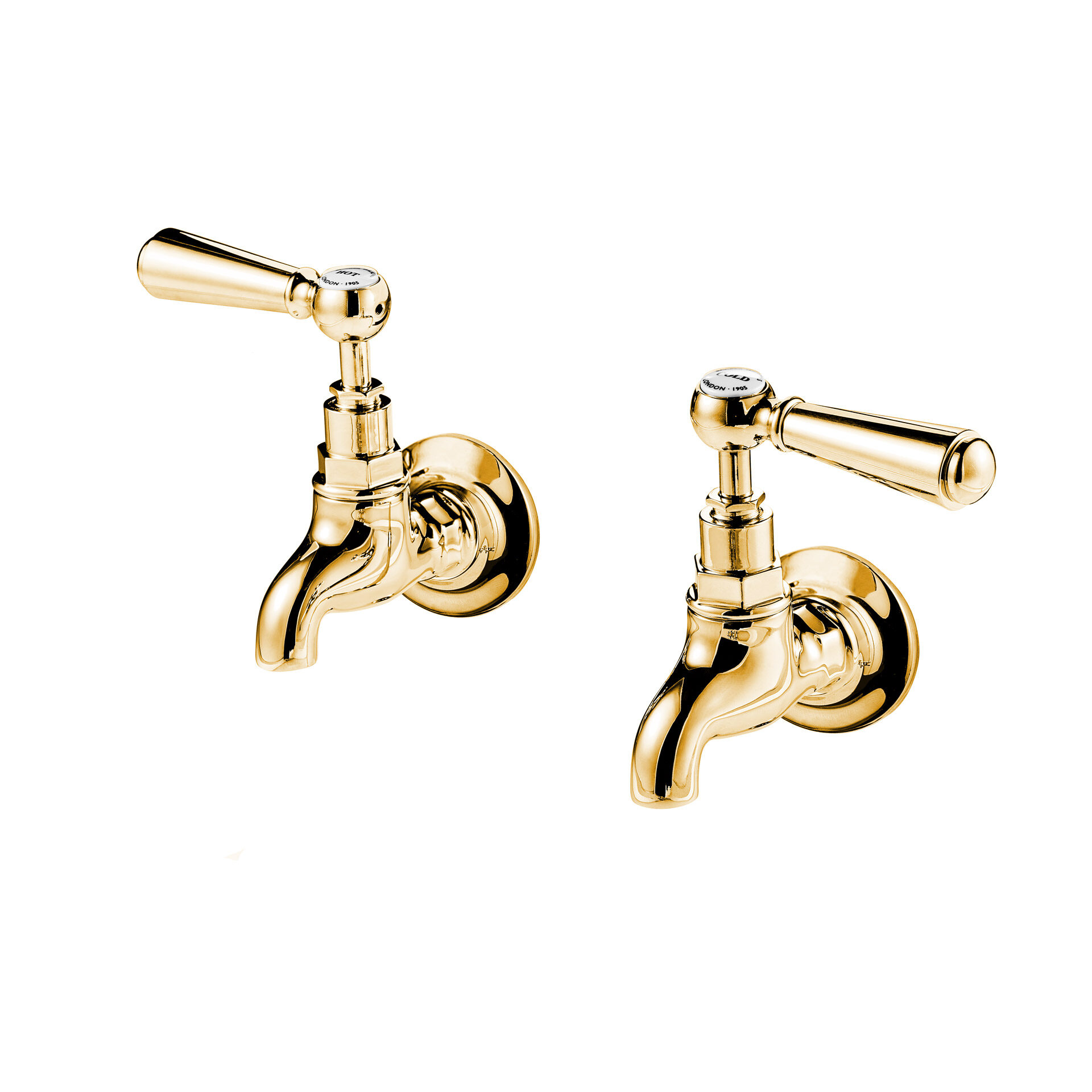 1890’s style wall mounted bib taps in polished brass with metal lever handle