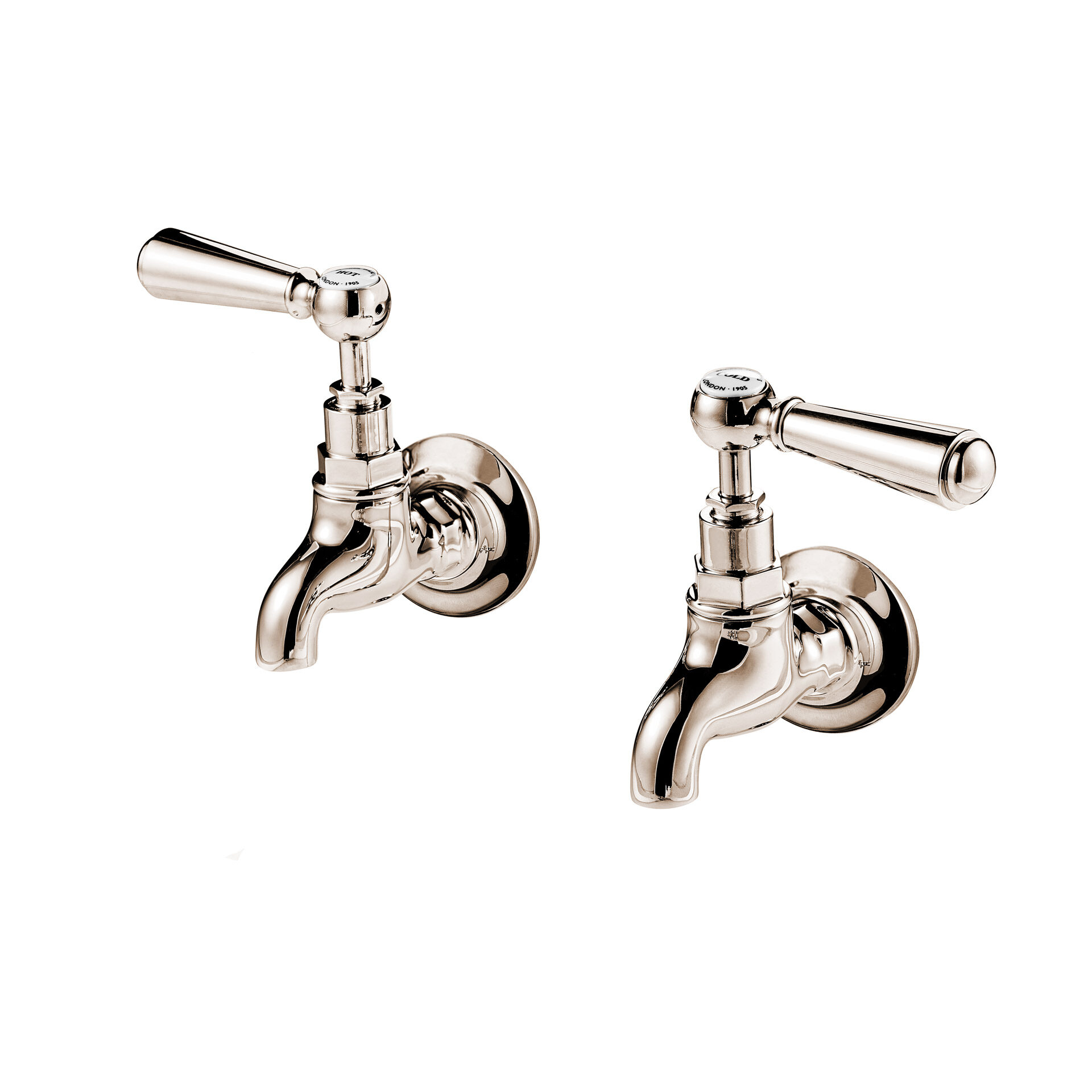 1890’S style wall mounted bib taps with metal lever handle British made