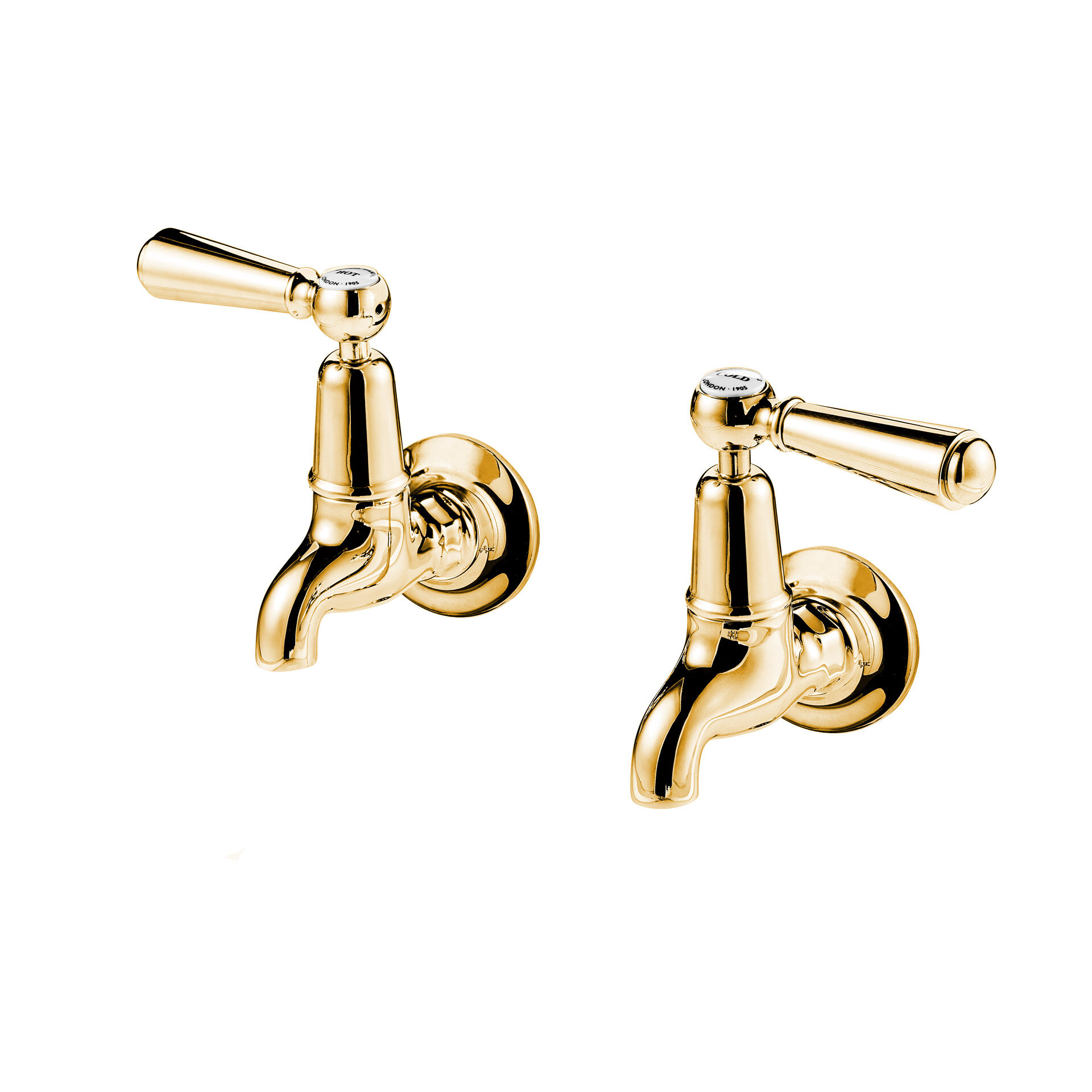 British made wall mounted bib taps in polished brass with metal lever handle