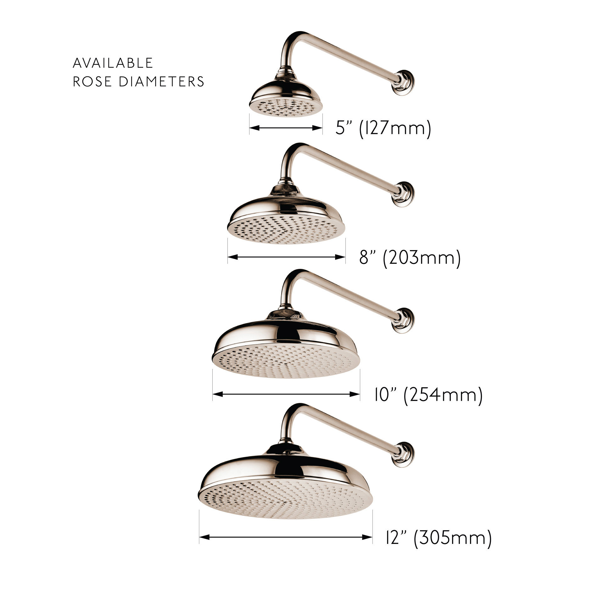Barber Wilsons shower head size options: 5 inch (127mm), 8 inch (203mm), 10 inch (254mm), 12 inch (305mm)